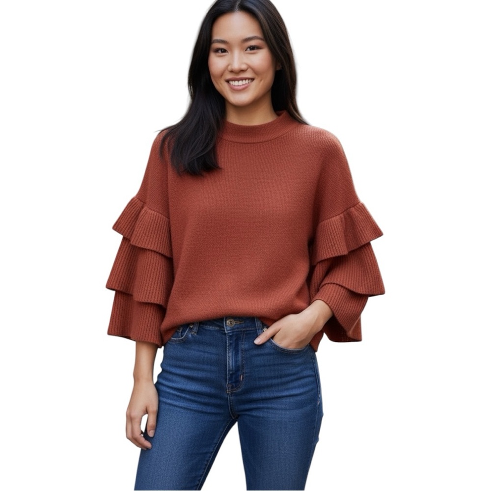 Endless Rose Tiered Sleeve Sweater in Burnt Orange Size Small
